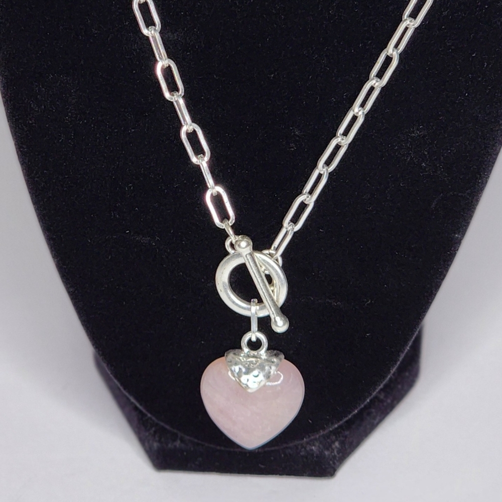 Fashion Jewelry Women's Silver Paperclip Chain Pink-Tone Stone Heart Pendant